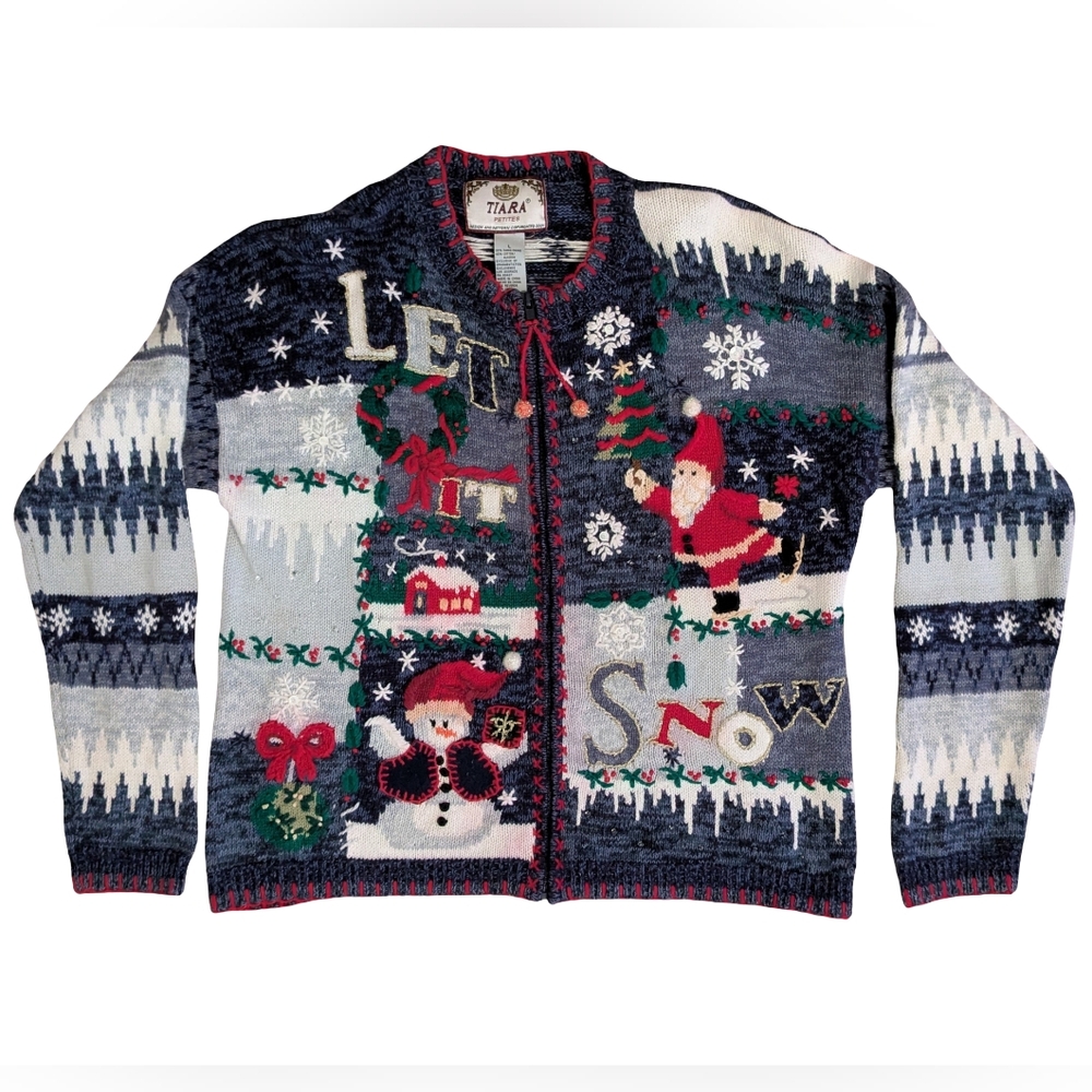 Vintage 90s Tiara International Ugly Christmas Sweater Cardigan Full Zip PL